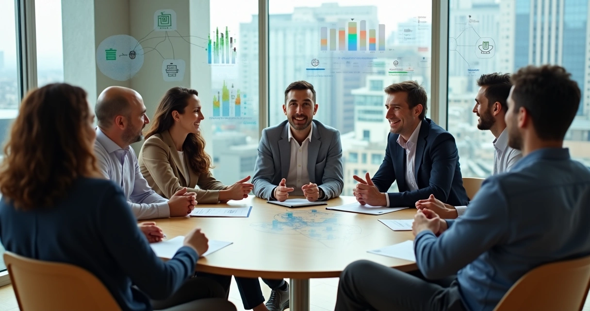 Equipe diversa em círculo avaliando impacto humano com gráficos e conexões digitais ao fundo 