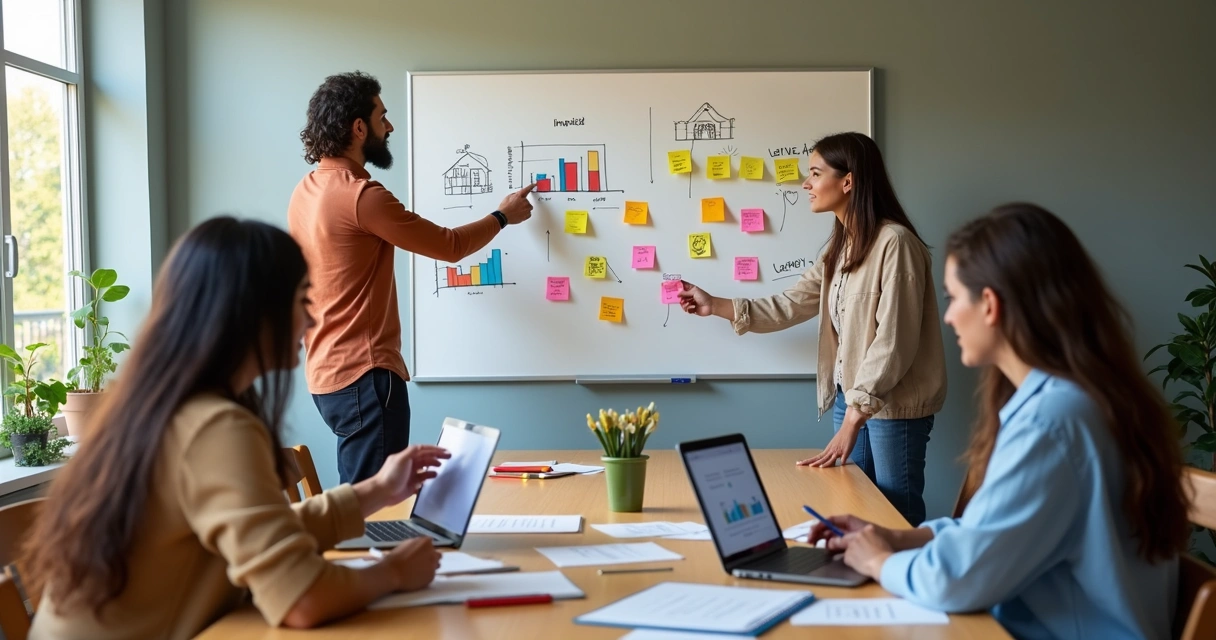 Equipe diversa analisando impacto humano de projeto social em quadro com indicadores 