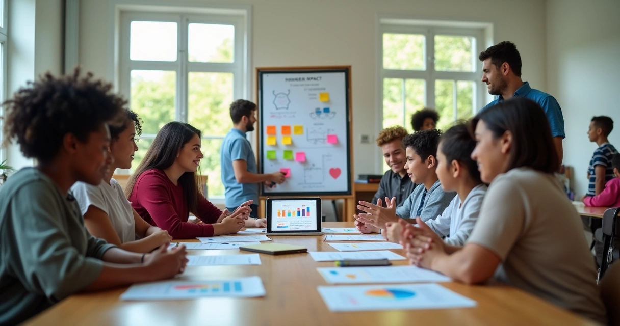 Equipe diversa analisando impacto humano de projeto social em quadro com indicadores e fotos 