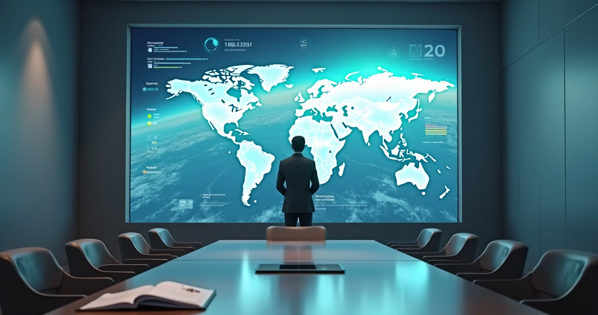 Líder analisando impacto humano em projeto global com mapa e indicadores éticos 