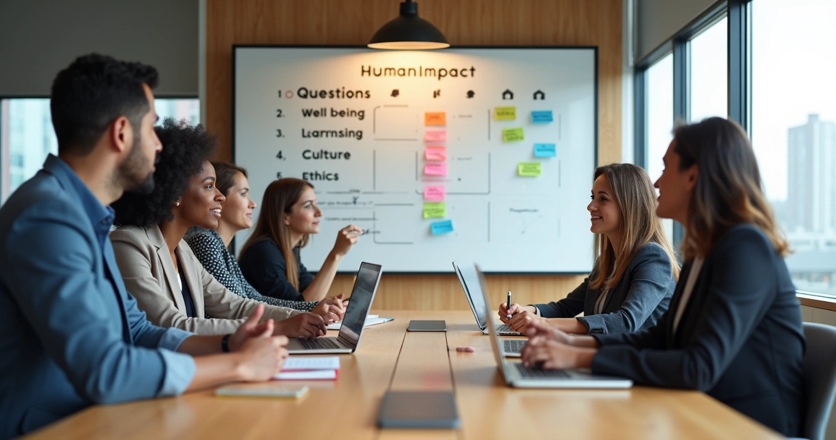 Equipe em reunião avaliando impacto humano de projeto interno em quadro de perguntas 
