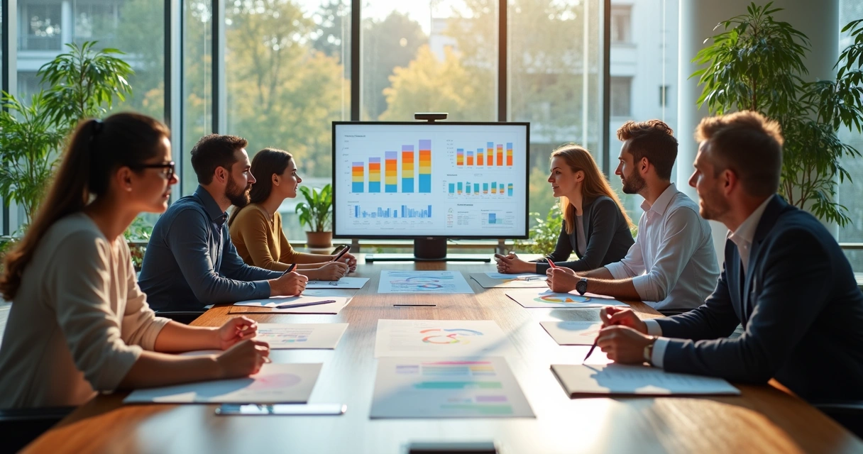 Grupo de pessoas em reunião empresarial avaliando resultados em gráficos coloridos 
