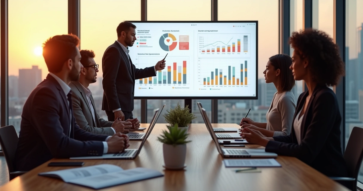 Executivos avaliando impacto humano em painel com indicadores sociais 