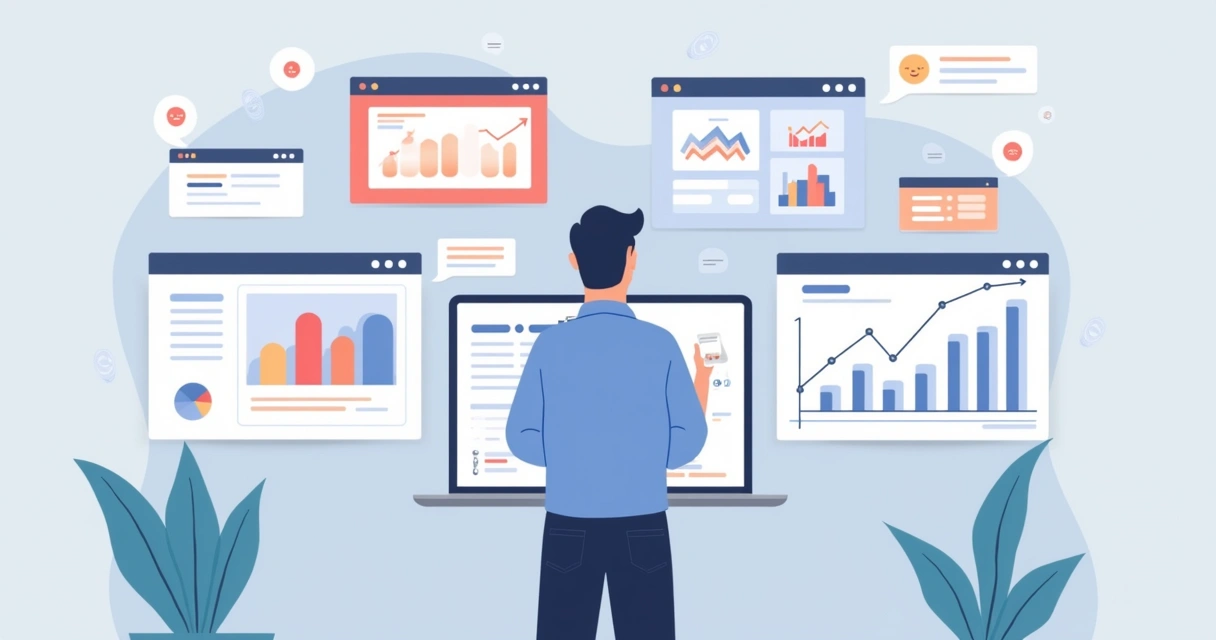 Ilustração corporativa com influenciador olhando para memes em telas digitais, gráficos mostrando variação de reputação ao fundo 