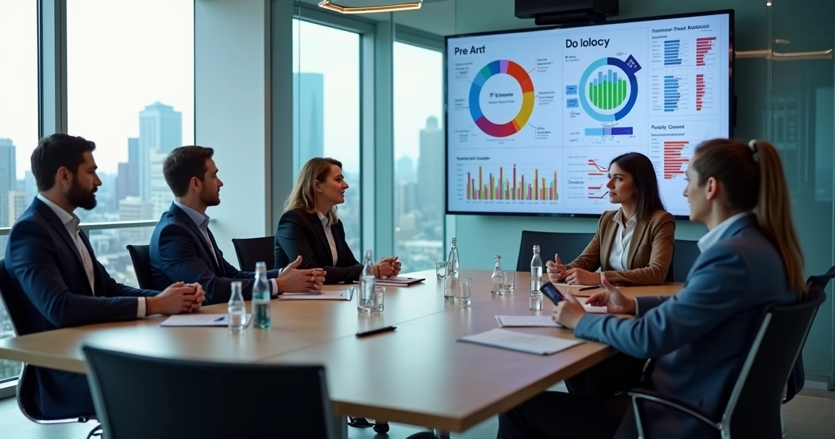 Reunião de avaliação de indicadores entre gestores públicos e privados diante de um painel de gráficos