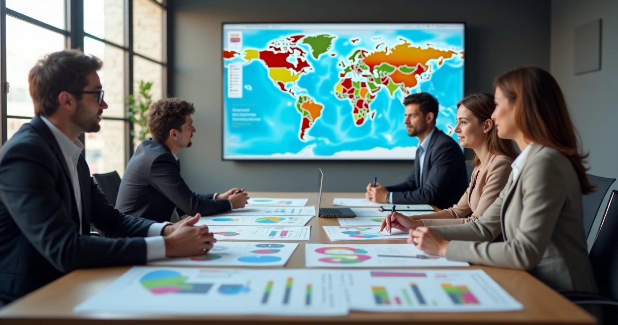 Reunião de equipe analisando relatórios de impacto social em sala de reunião