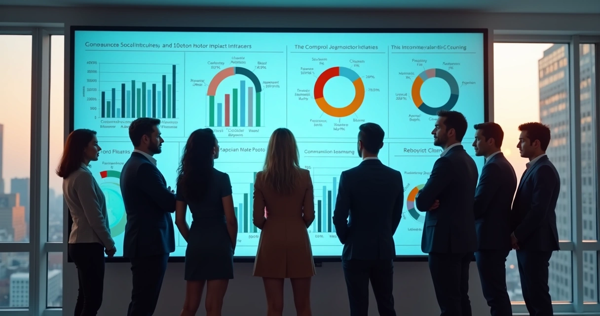 Pessoas analisando indicadores em gráficos exibidos em telas grandes 
