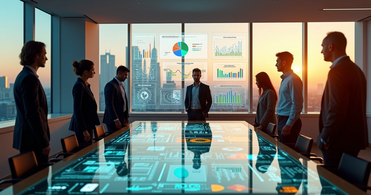 Executivos analisando painel digital de impacto social em sala de reunião moderna 