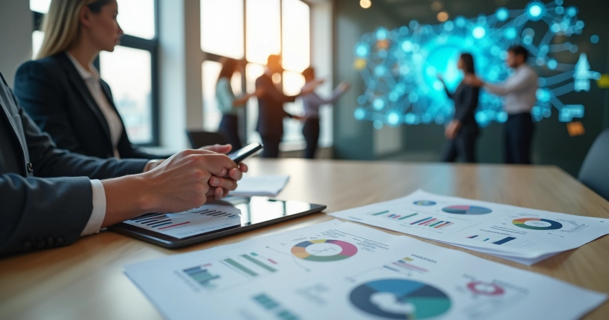 Líder avaliando impacto social humano com gráficos e pessoas interligadas 