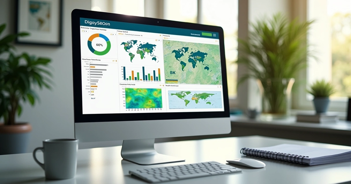 Tela de computador exibindo plataforma de avaliação ambiental com gráficos e mapas detalhados 