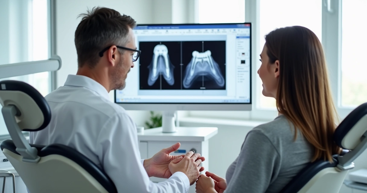 Dentista avaliando implante dentário com exame de imagem