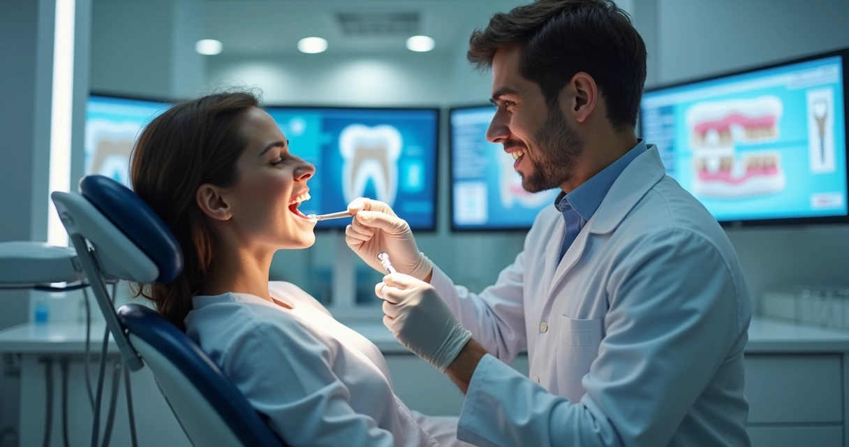 Dentista avaliando implante dentário com paciente na clínica