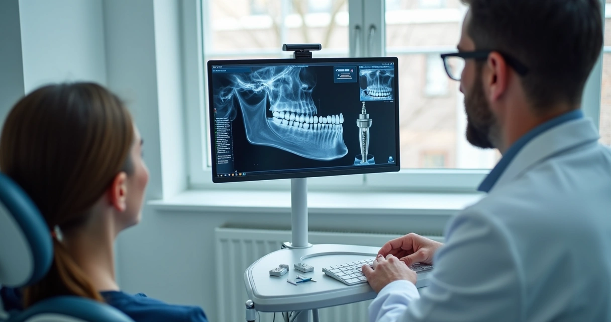 Avaliação odontológica com imagem da arcada em tela digital 
