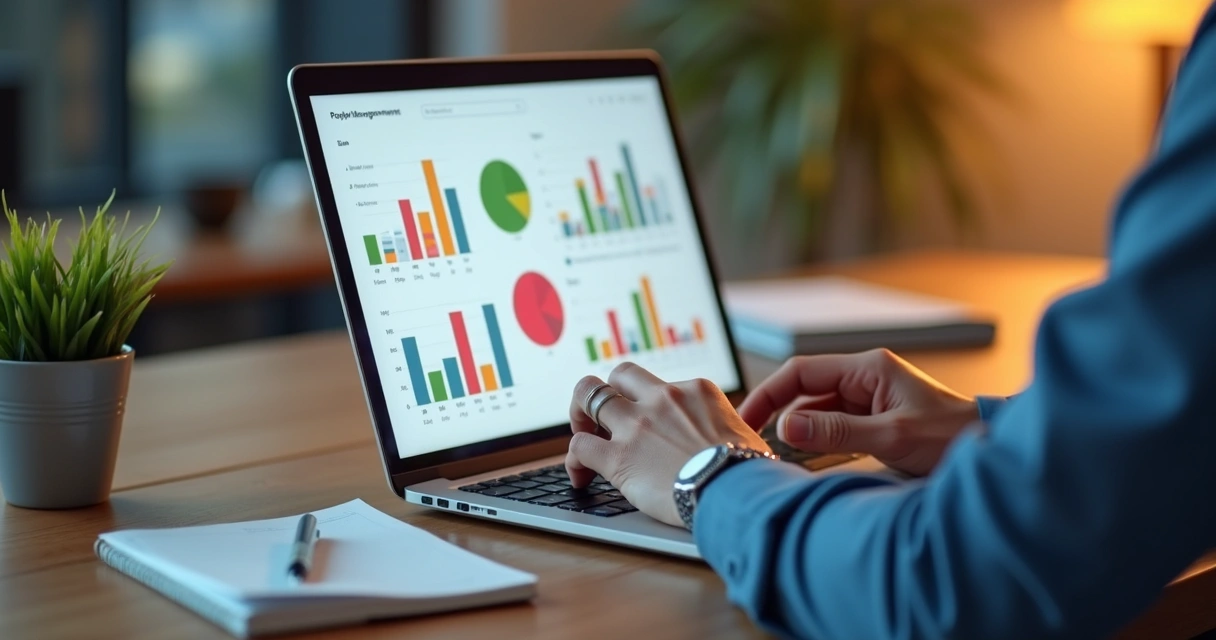 Profissional de RH analisando indicadores em tela com gráficos coloridos sobre gestão de pessoas.