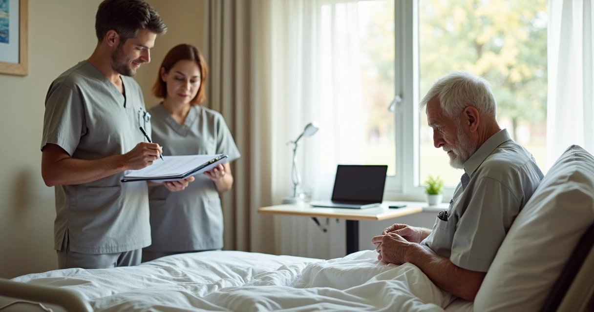 Profissional registra avaliação funcional enquanto idoso realiza tarefa de autocuidado na cama hospitalar 