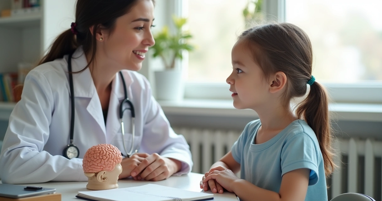 Criança em consulta médica sendo avaliada por neurologista infantil. 