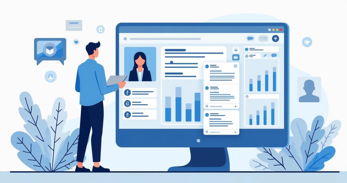 Pessoa analisando perfil de influenciador em tela de computador com gráficos de risco e comentários negativos