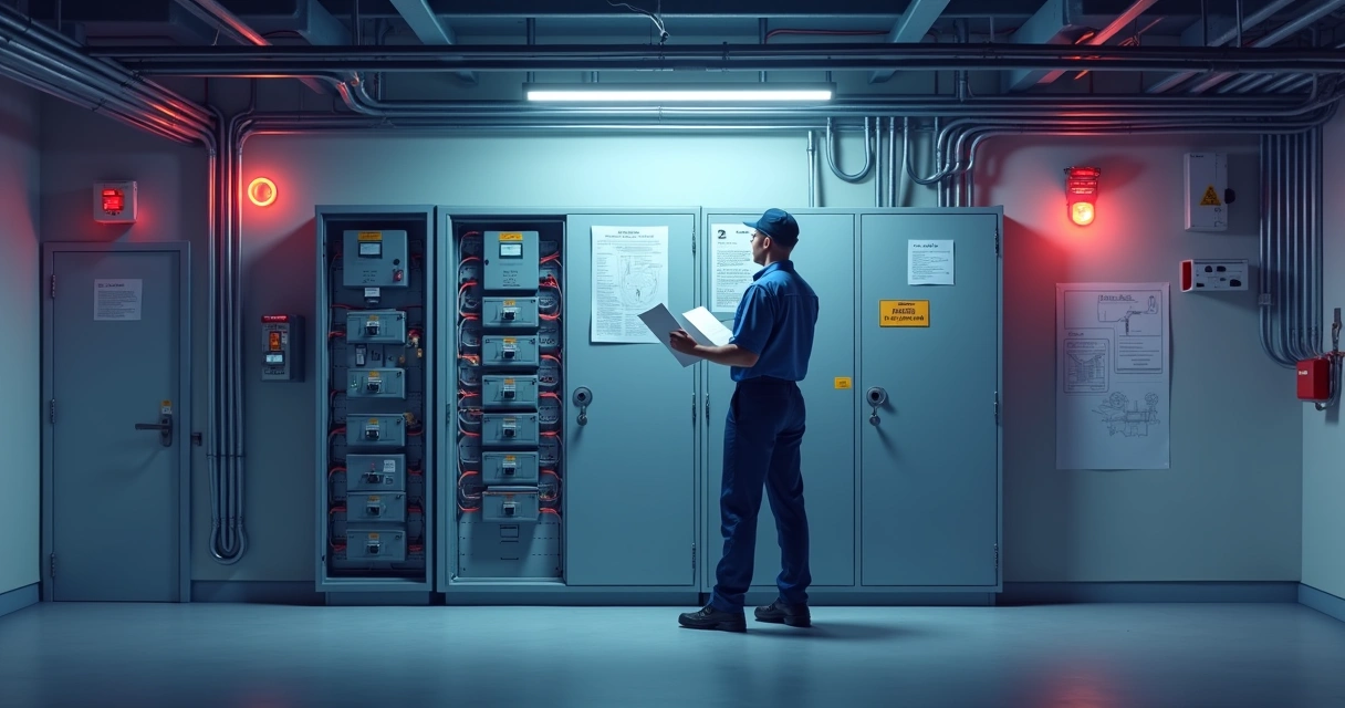 Engenheiro analisa painel elétrico em garagem de condomínio