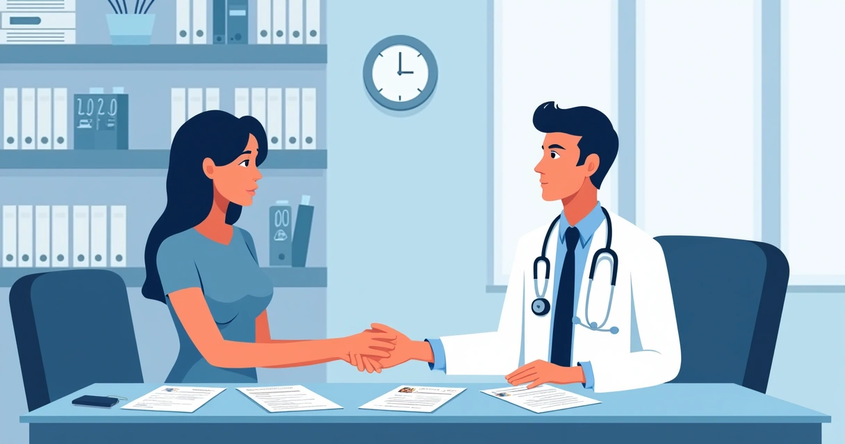 Médico perito avaliando paciente com documentos e laudos médicos na mesa 