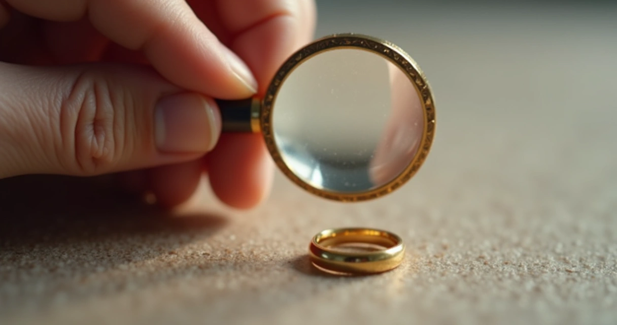 Detalhe de uma mão avaliando joia de ouro com lupa sobre um fundo neutro