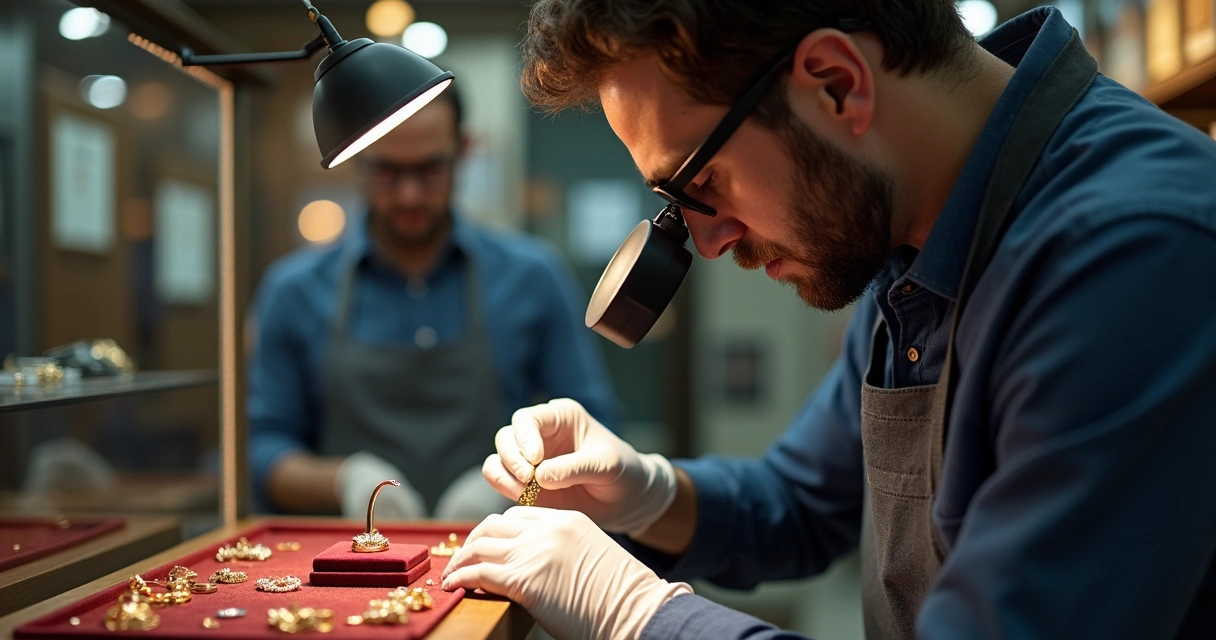 Avaliador de joias analisando ouro em lupa 