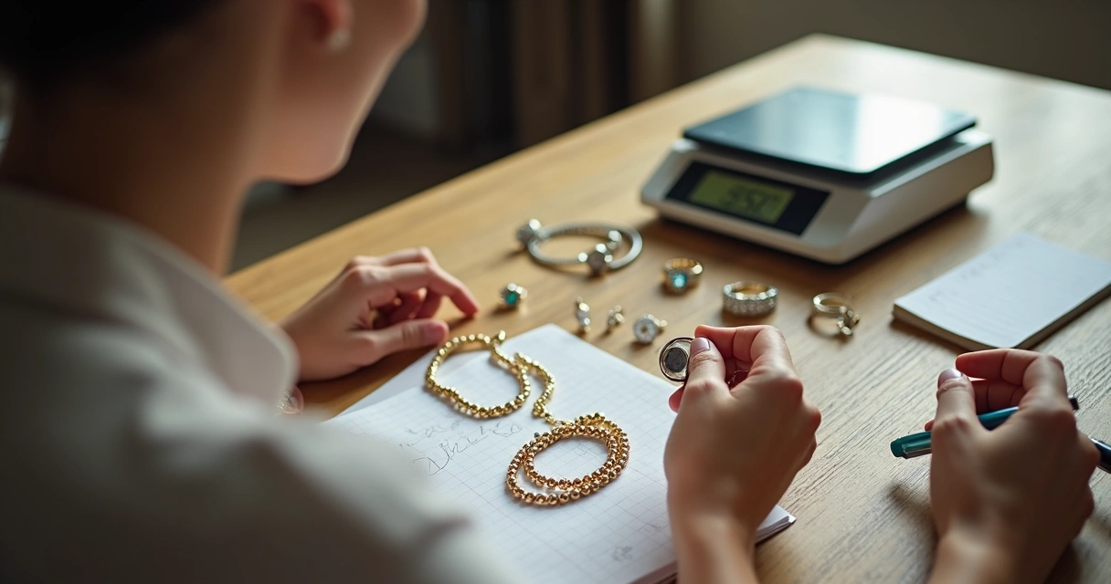 Mulher avaliando joias herdadas de ouro e prata sobre mesa com lupa e bloco de notas 