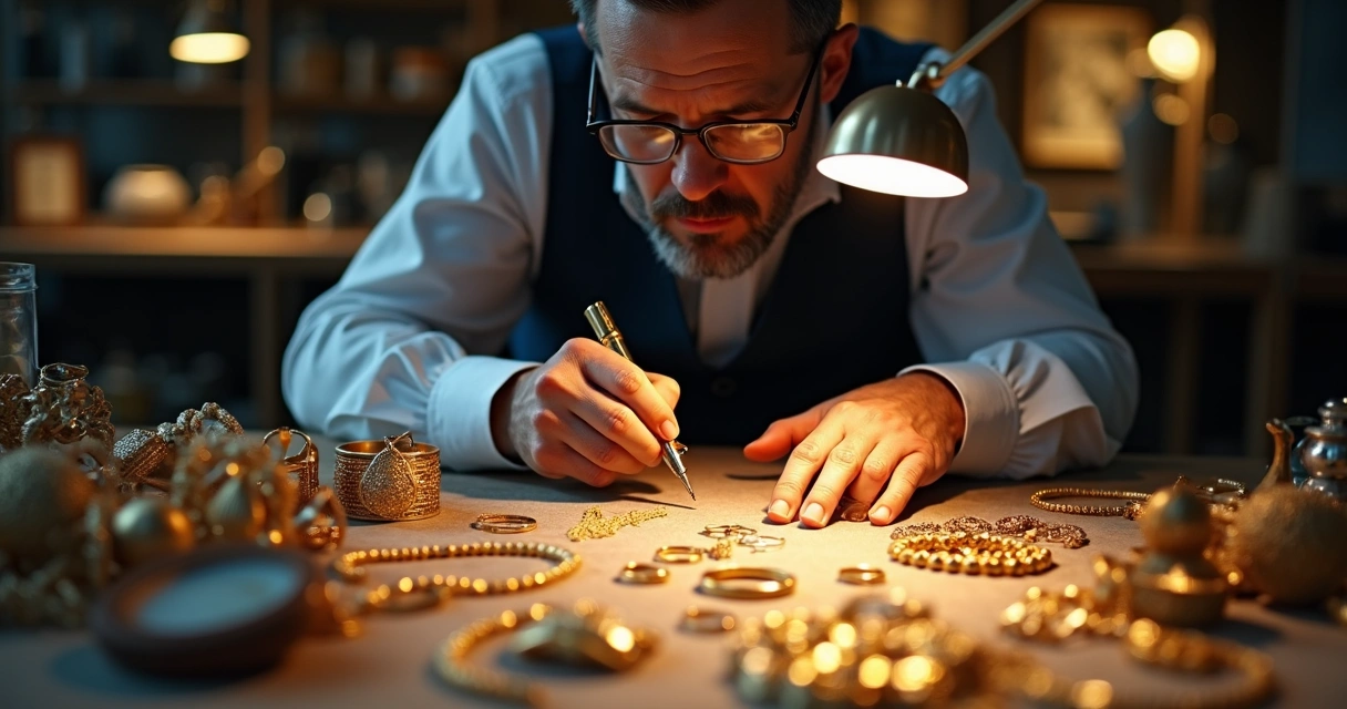 Avaliador de joias examinando várias peças de ouro