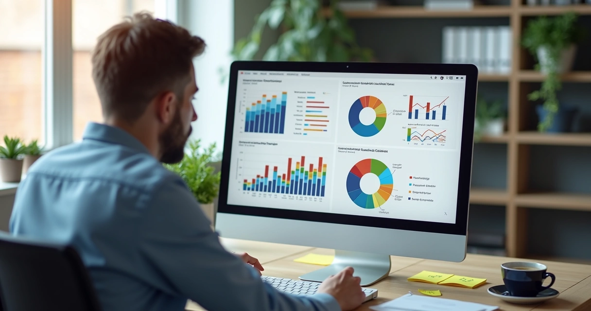 Profissional avaliando gráfico de lead qualificado em tela de computador moderno 