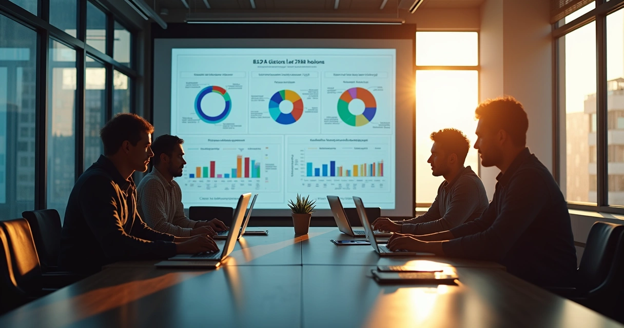 Equipe de vendas discutindo pontuação de leads em computadores 