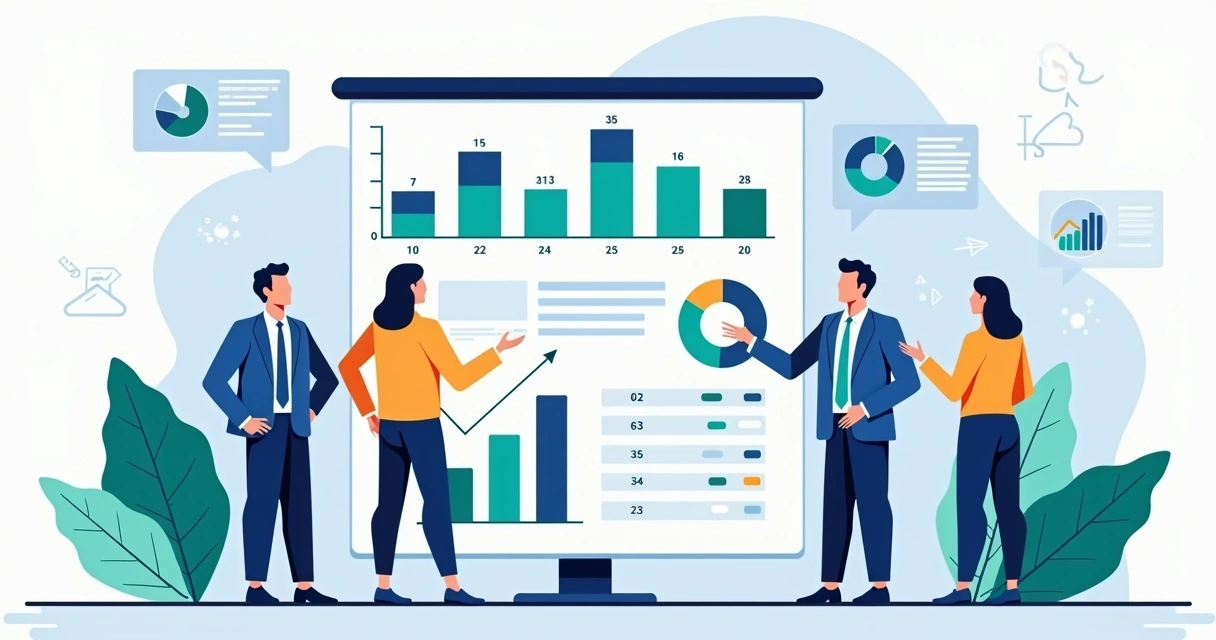Ilustração corporativa flat mostrando equipe de vendas avaliando leads com gráficos e listas de pontuação ao fundo 