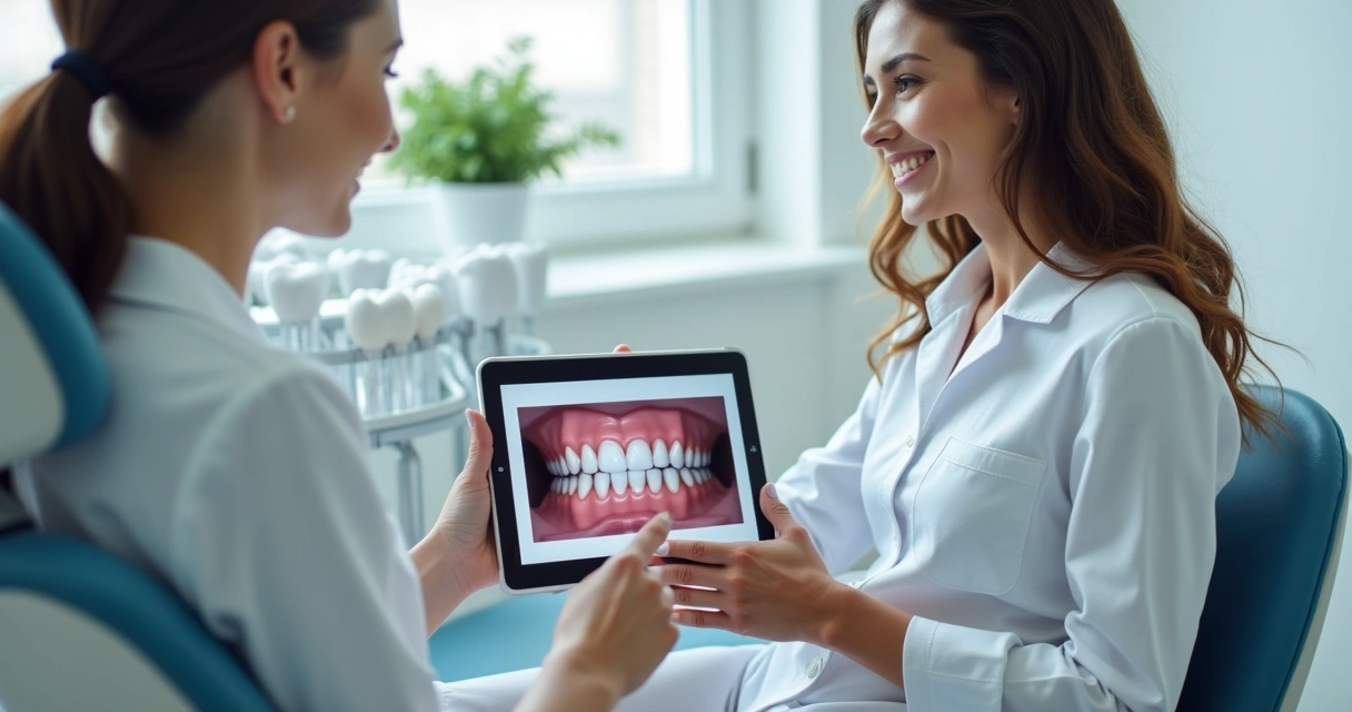Dentista mostrando planejamento estético dental para paciente em consultório 