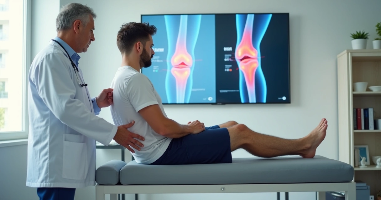 Ortopedista avaliando joelho de paciente em mesa de exame com ilustração de ligamentos ao fundo 