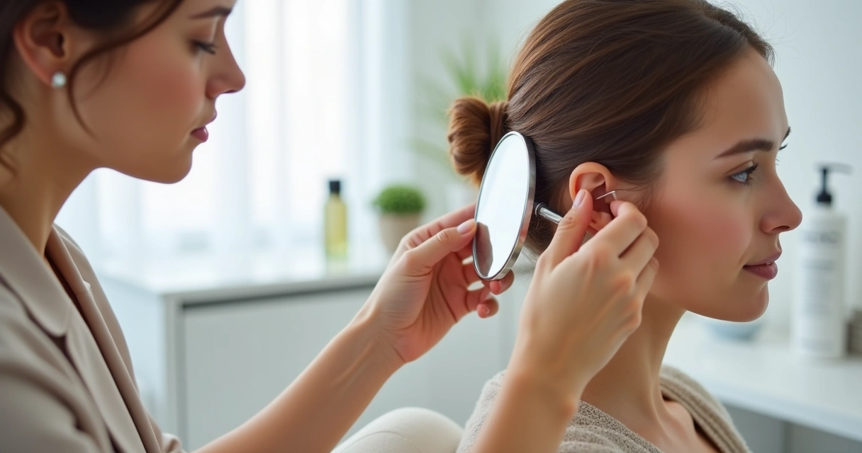 Profissional avaliando o lóbulo auricular com espelho clínico 