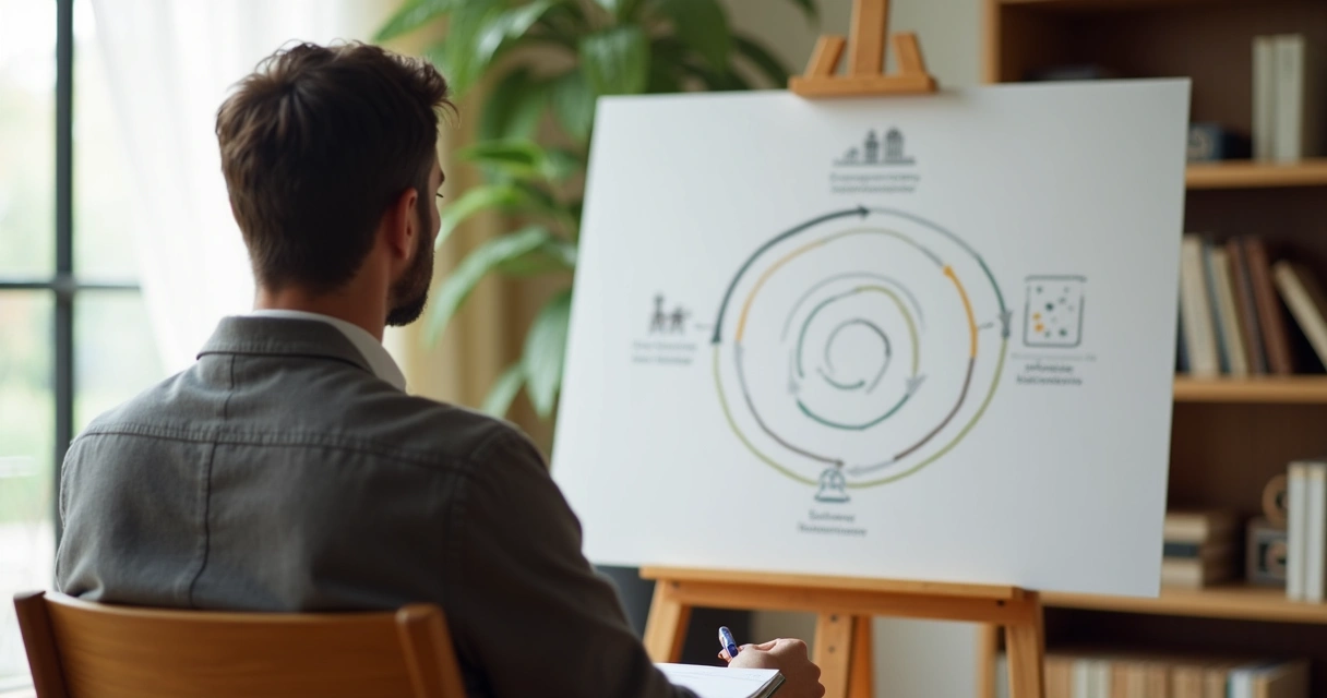 Pessoa adulta refletindo diante de quadro com círculos representando níveis de maturidade emocional 