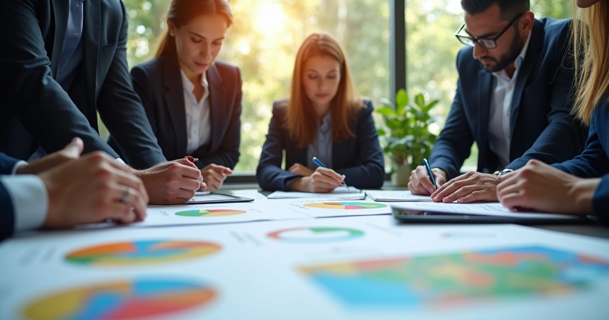 Pessoas reunidas avaliando mapas coloridos de maturidade organizacional 