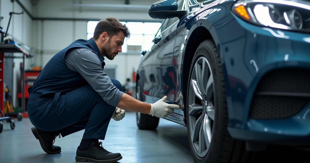 Mecânico examinando pneu de carro em oficina automotiva