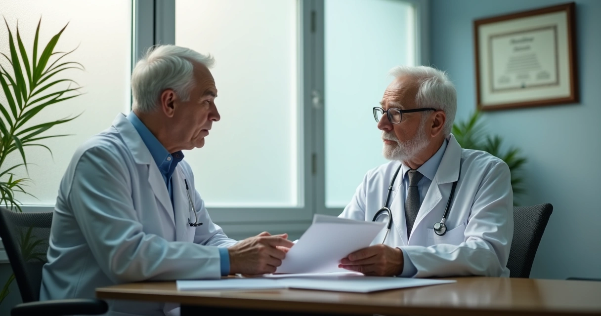 Perito médico conversa com idoso sentado em consultório