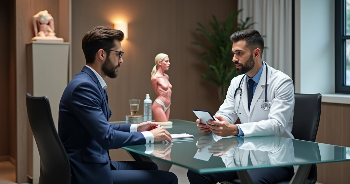 Homem e profissional de saúde discutindo resultados de avaliação médica em ambiente clínico moderno 