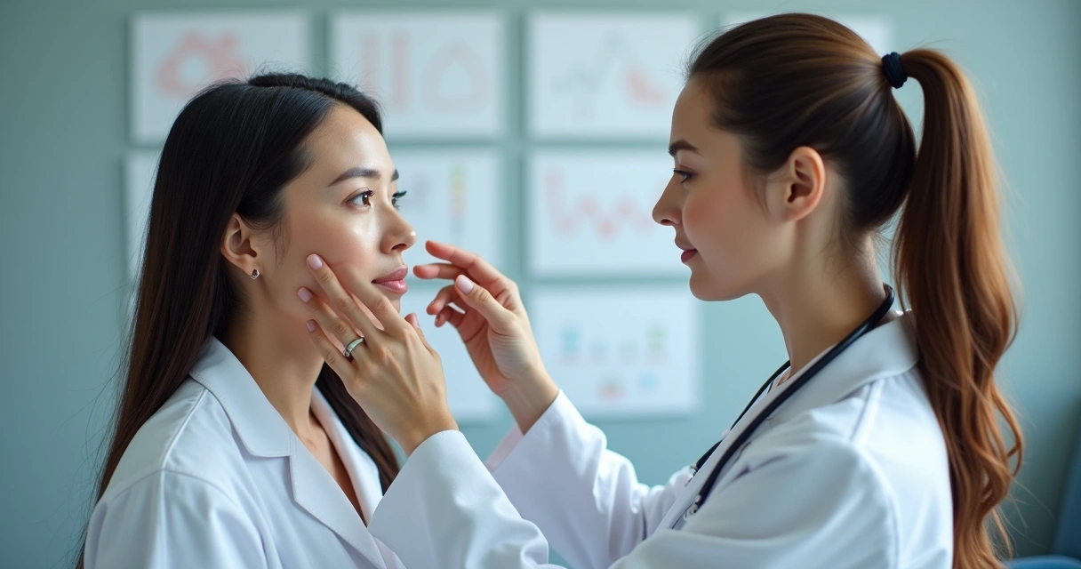 Médica detalhando pontos do rosto em avaliação facial 