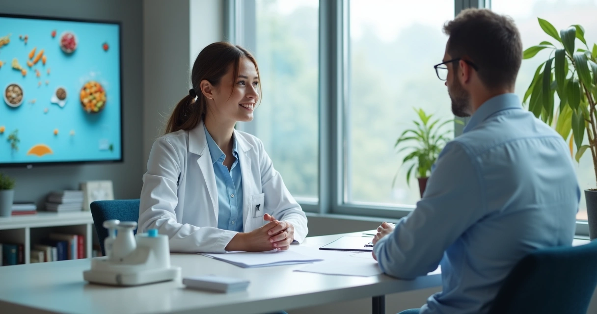 Paciente recebendo orientação de nutricionista e realizando exames clínicos em consultório 