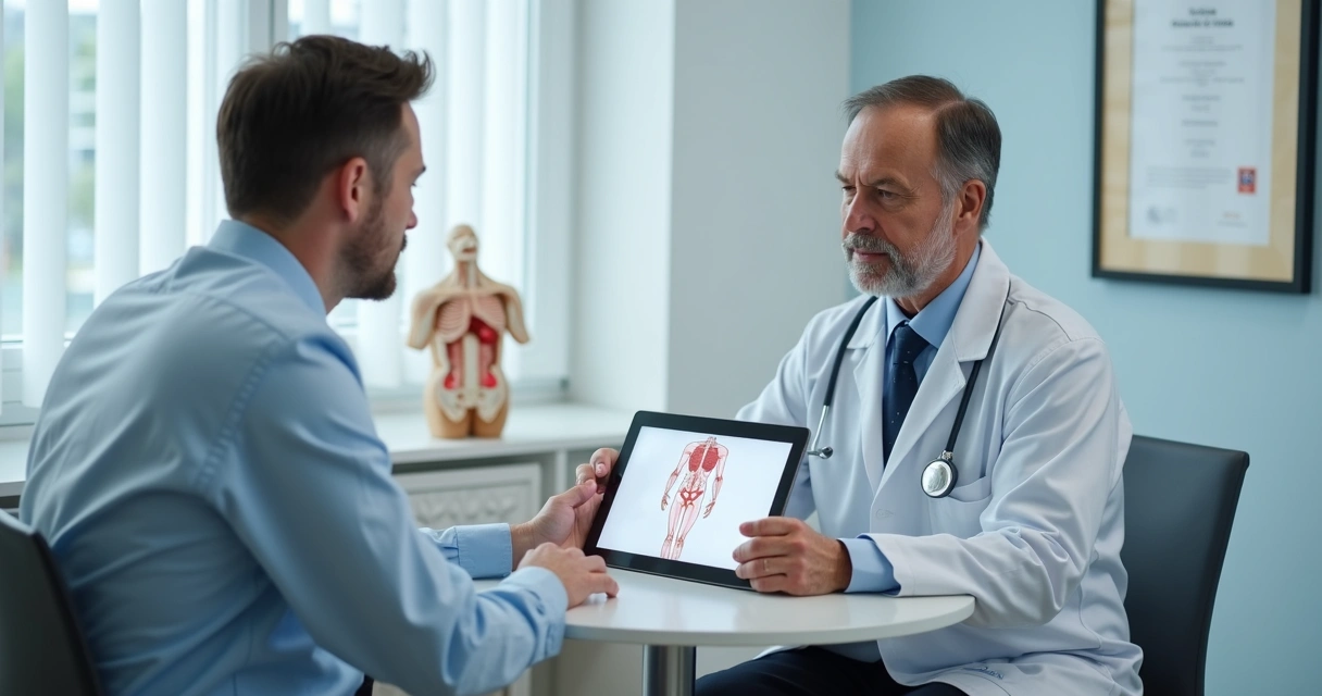 Médico mostrando esquema anatômico para paciente em consulta urológica 