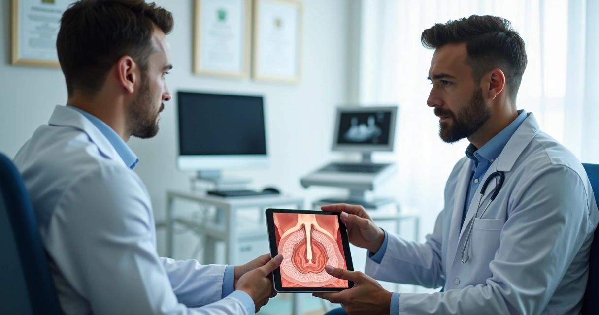 Médico em consulta explicando planejamento de preenchimento peniano em tablet 