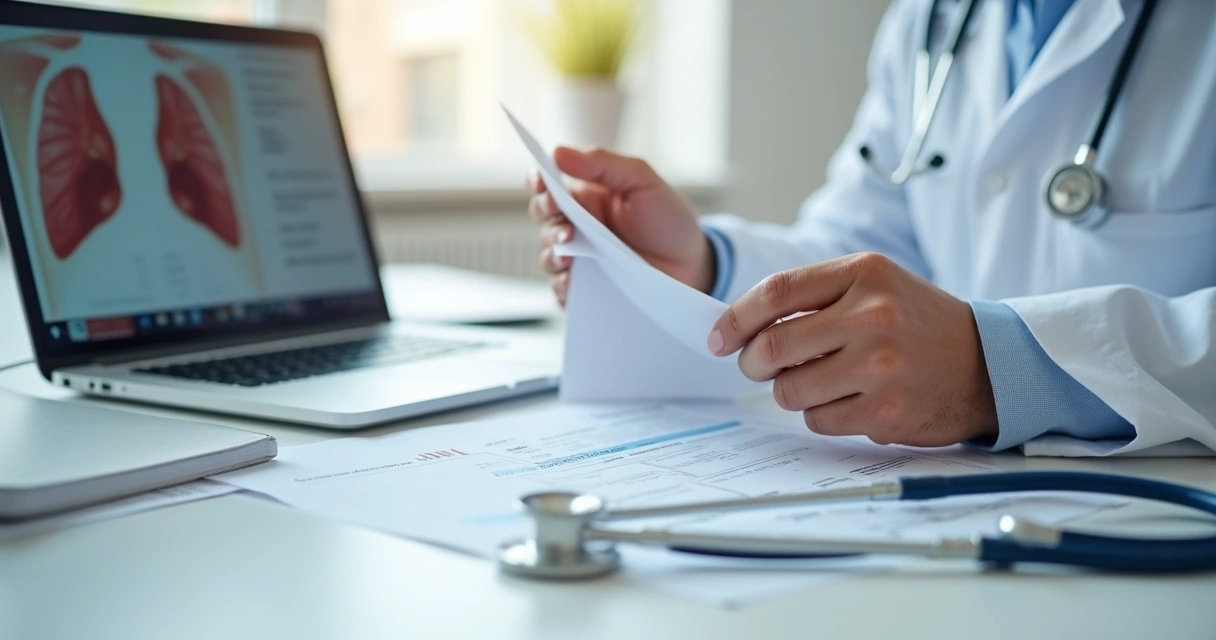 Especialista avaliando prontuário e exames no consultório 