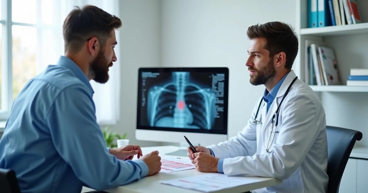 Médico explicando plano de tratamento ao paciente em consultório
