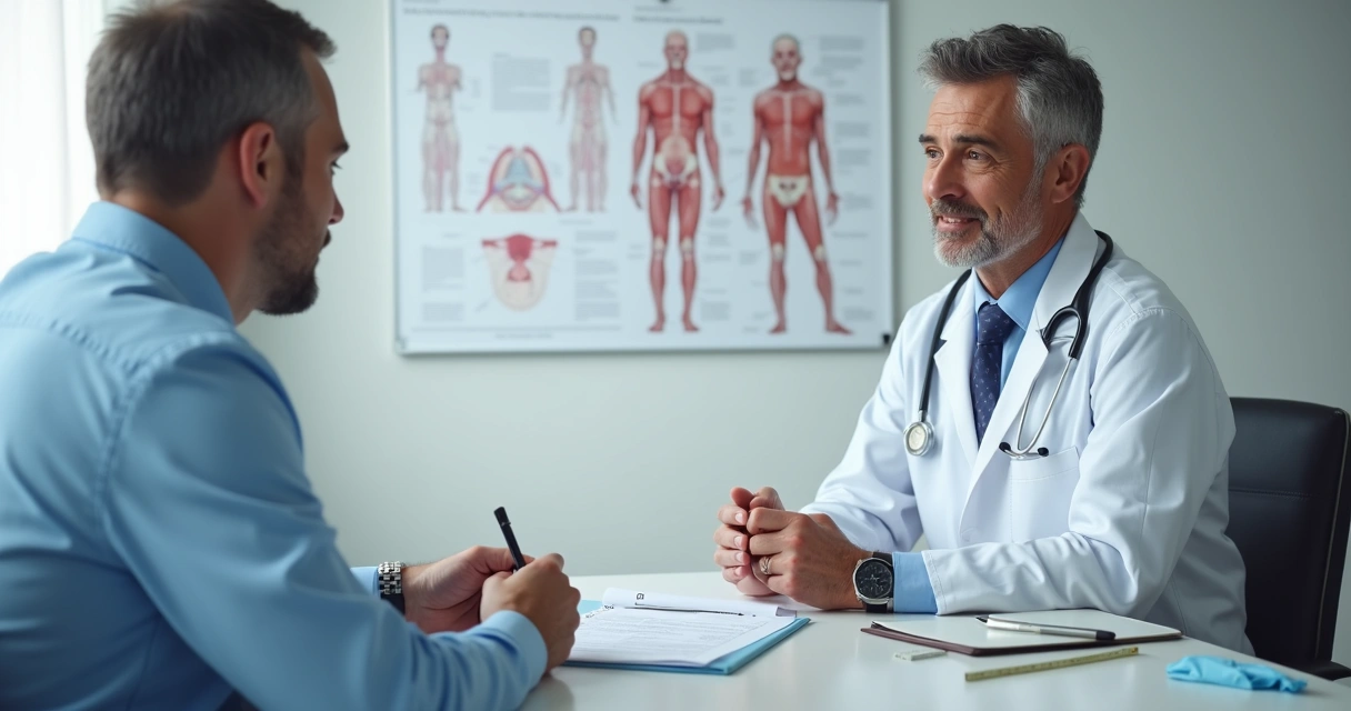 Consulta de urologia com medição e explicação em ambiente clínico 