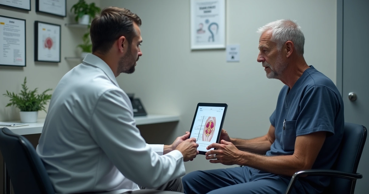 Médico em consulta explicando opções de procedimento íntimo masculino 