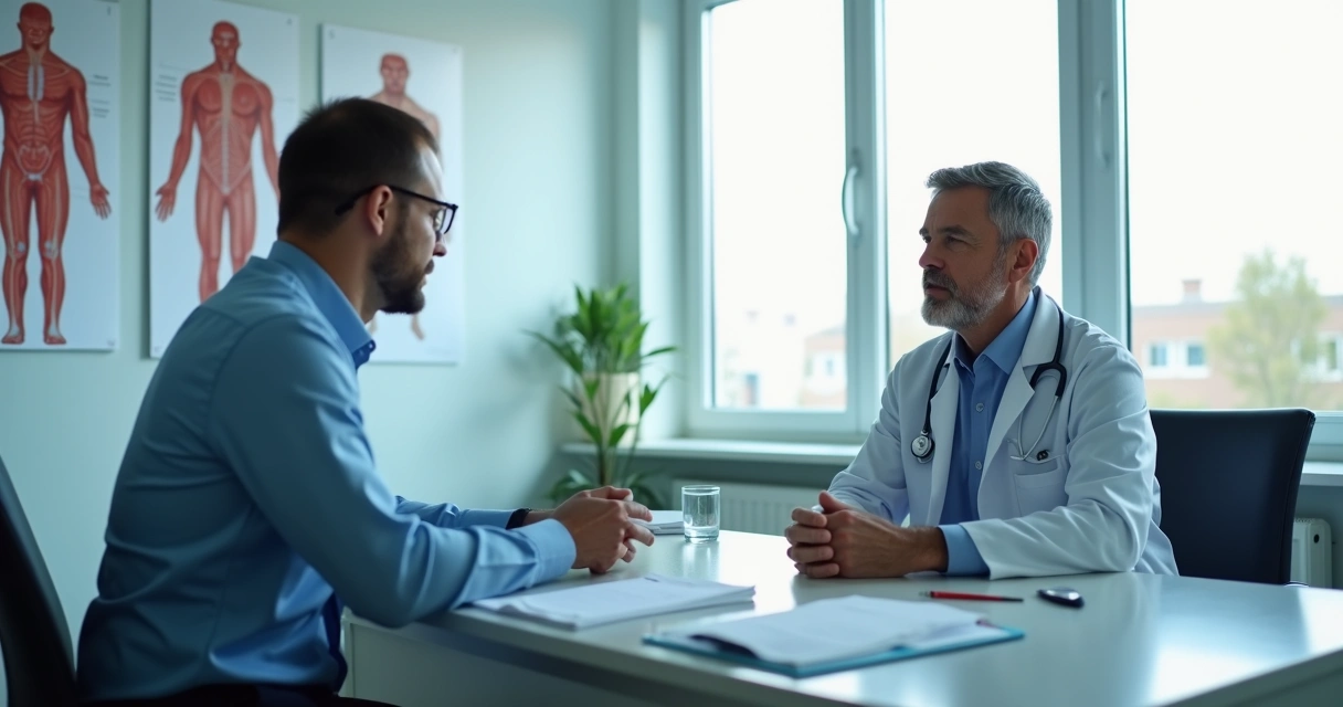 Consulta médica de urologista com paciente masculino no consultório, ambos sentados na mesa