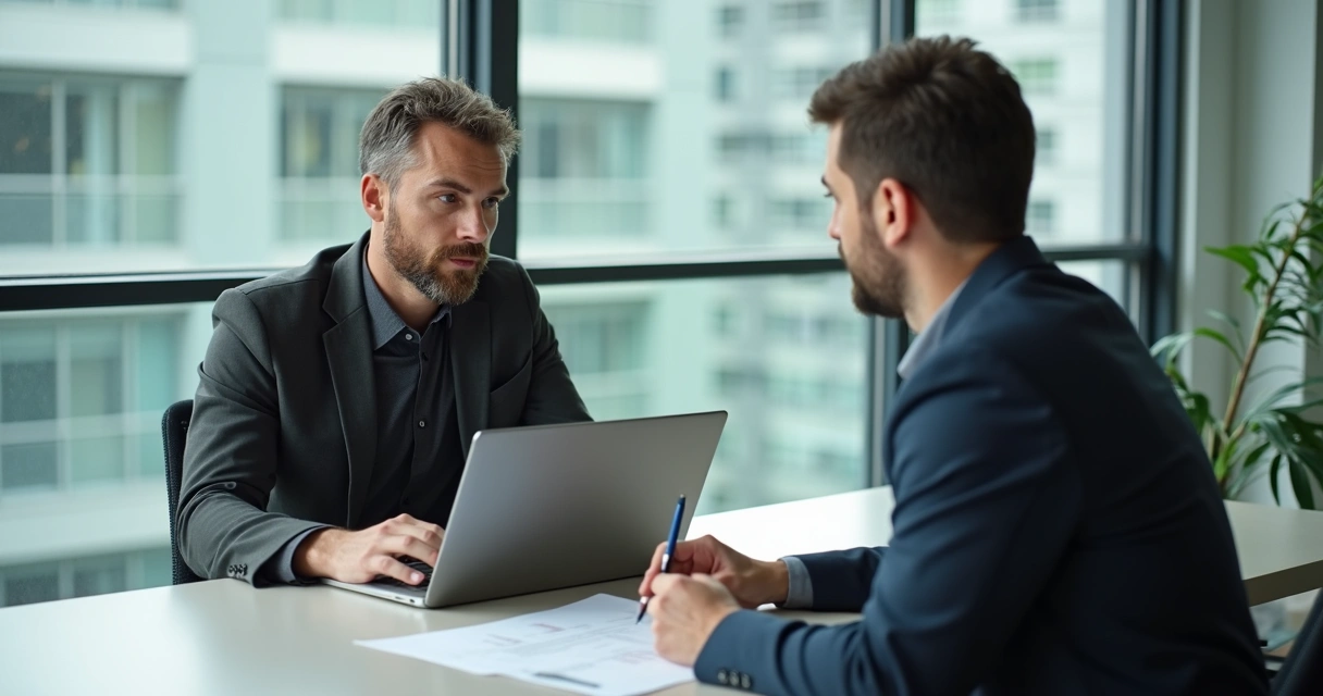 Empresário avaliando mentor em reunião, analisando currículo comprovado 