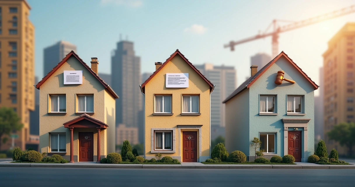 Comparação de três apartamentos em bairro urbano, com etiquetas de preços, ambientação de leilão imobiliário 