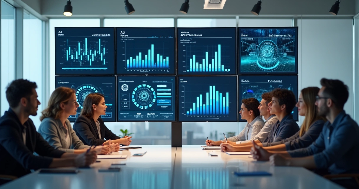 Equipe analisando métricas no painel para melhorar saídas de IA.